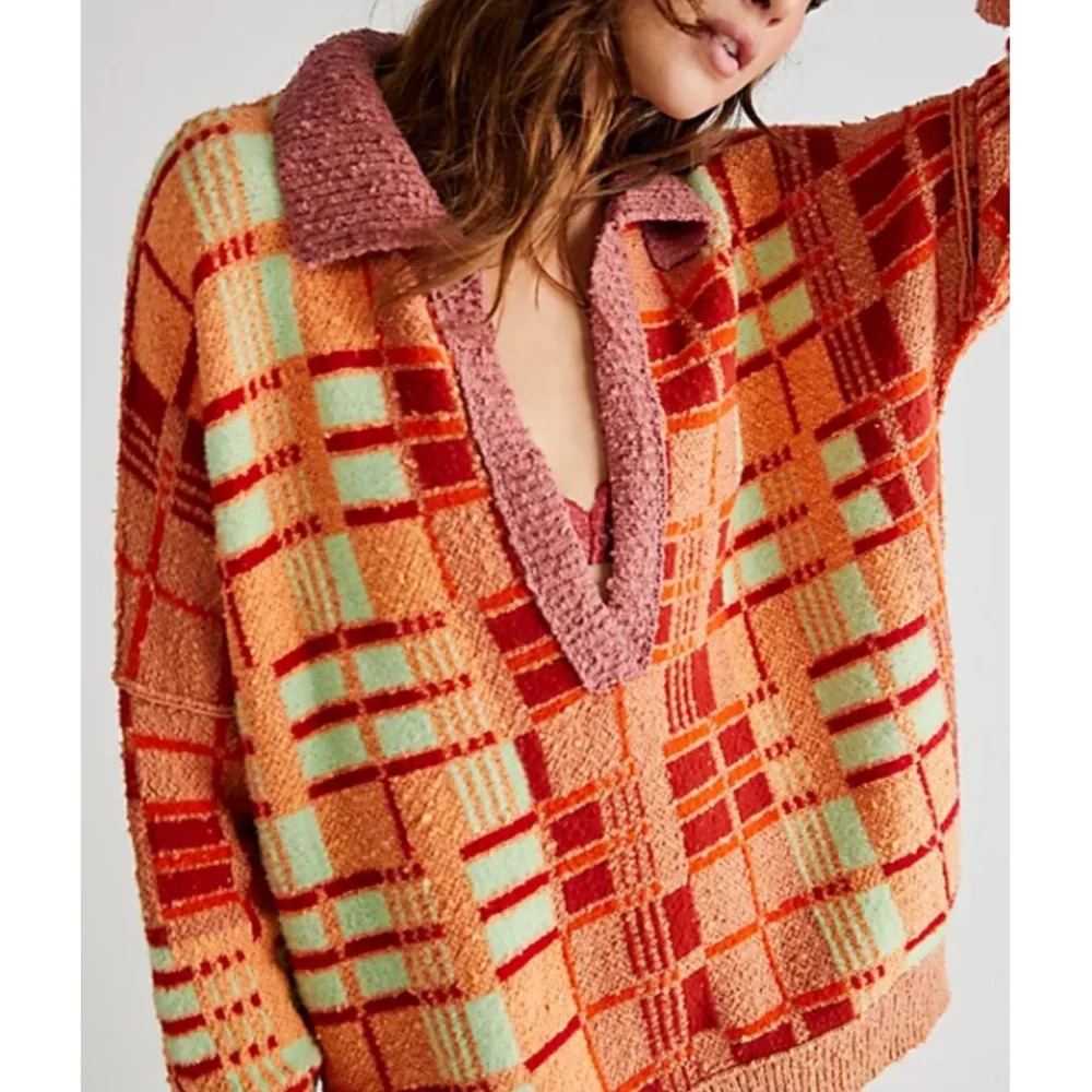 Like New Free People Ruben Oversized Pullover Sweater in Autumn Sunset Combo M - Picture 8 of 16